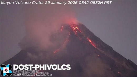 WATCH: Effusive eruption at Mayon Volcano continues for the 23rd consecutive day, generating incandescent lava flows, pyroclastic density currents (PDC) or “uson,” and rockfall. Lava flows have reached radial distances from the crater of 3.7 km in the Basud (east), 1.6 km in the Bonga (southeast), and 1.3 km in the Mi-isi Gullies as of Thursday, Jan. 29, 2026. Alert Level 3 prevails over Mayon and entry into the 6-km Permanent Danger Zone must be prohibited. Courtesy: PHIVOLCS/X | GMA News