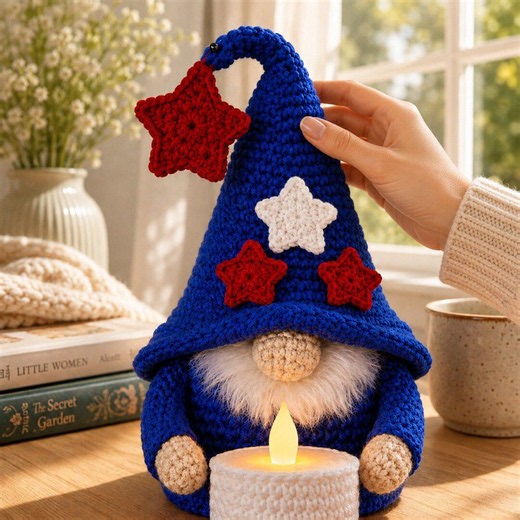 Crochet Patriotic Gnome Candle Holder Pattern PDF, Red White Blue Amigurumi Gnome, Independence Day Decor, Fourth of July Crochet Tutorial - Etsy
