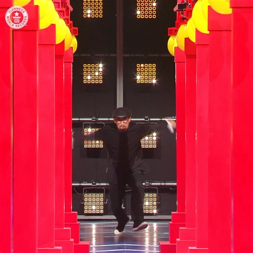 The fastest time to pop 20 balloons with the feet by split jump is 36.13 seconds, achieved by Chinese Kung Fu practitioner Zhang Chengqiang in Chongqing, China. He became a Guinness World Records title holder by performing powerful split jumps, kicking and popping the balloons with speed and precision. | Guinness World Records