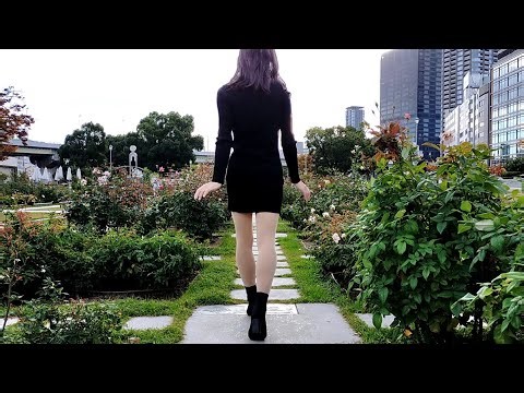 Crossdresser Walking, Black Dress and Boots