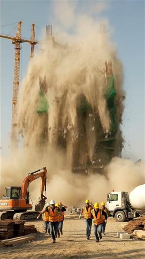 Building demolition in progress with workers escaping. #buildingcollapse #engineering #crane