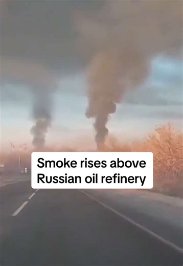 Plumes of black smoke were seen rising over Russia's Novokuybyshevsk oil refinery following a reported Ukrainian drone attack in the Samara region. #oil #russia #ukraine #war #oilrefinery