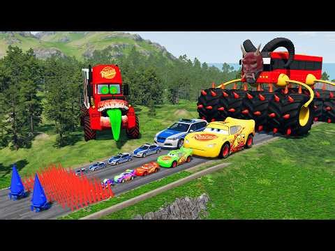 Big & Small McQueen & Police Car vs Zombie Mack, Giant Speed Bumps Downhill Race – BeamNG.drive