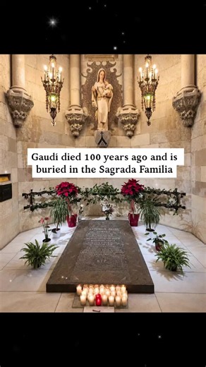 Antoni Gaudí has been resting inside the Sagrada Família for 100 years. His tomb is in the crypt, the room under the main floor of the church he worked on for 43 years. He took over the project in 1883. In the end he lived on the building site. Even so, he saw only one of the towers finished. On June 7, 1926, a tram hit him on Gran Via, a big avenue in Barcelona. He was 73, his clothes were old and worn, and he had no ID on him. People thought he was a beggar. Taxi drivers refused to take him to