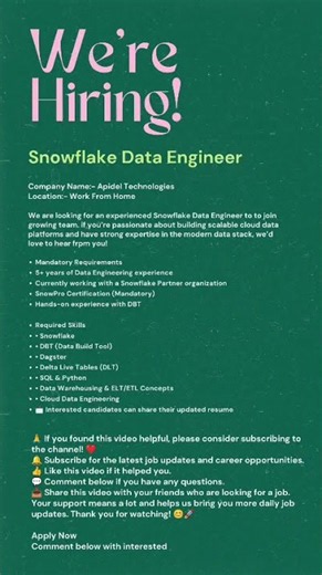 Remote Snowflake Data Engineer Jobs 2026 | Work From Home | SnowPro Certified | Apidel Technologies