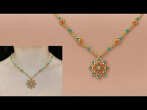 "Radiant Blossom" Beaded Flower Pendant Necklace with Seed Beads and Pearls. DIY Beaded Jewelry