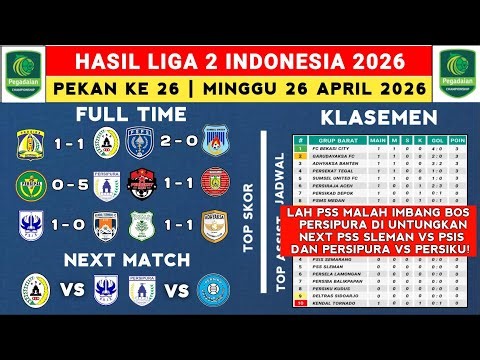 Hasil Liga 2 Indonesia 2026 - Persiba vs PSS - Klasemen Pegadaian Liga 2 2025 Terbaru 