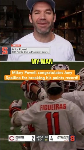 Mikey Powell congratulates Joey Spallina for breaking his record (via Syracuse Lacrosse, ESPNU)