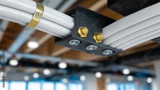 594Side view of electrical conduits in office ceiling, PVC and metal conduits, screws, and brackets, detailed macro perspective, indoor renovation