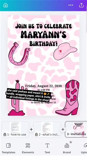 Cowgirl Birthday Digital Templates — Bundle, Wrapping Paper, Shirt & Invite | Instant Download
