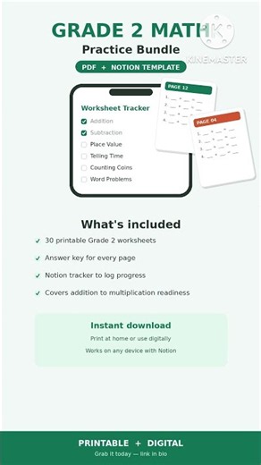 Grade 2 Math Practice Workbook – 30 Printable Worksheets & Notion Template