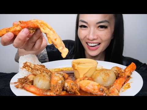 KING CRAB + SHRIMP SEAFOOD BOIL + CHEESE SAUCE (ASMR EATING SOUNDS) LIGHT WHISPERS | SAS-ASMR