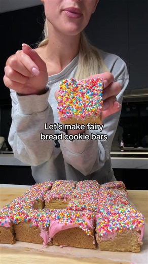 Recipe below 👇🏻 🌈💞🍪 Ingredients: 200g butter 1 cup brown sugar 1/2 cup white sugar 1 tsp baking powder 1 tsp baking soda 2 eggs 2 tbsp vanilla 3 cups plain flour Betty Crocker vanilla icing pink food colouring Sprinkles for topping. Method: Combine sugar with butter until smooth. Add vanilla and your eggs. Add baking powder and flour. Press dough into a square tin. Bake on 180 for 18 minutes. Let cool for one hour before removing from the baking tray, so that it firms up slightly but remain
