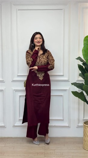 Maroon Cashmere Work Woolen Cord Set for Women | Sizes 40-44