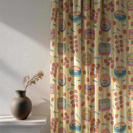 Sardine Tomato Kitchen Curtains, Yellow Striped Café Window Drapes, Retro Mediterranean Foodie Home Decor - Etsy