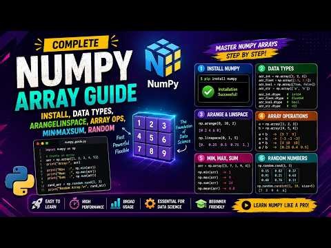 Complete NumPy Array Guide: Install, Data Types, arangelinspace, Array Ops, MinMaxSum, Random