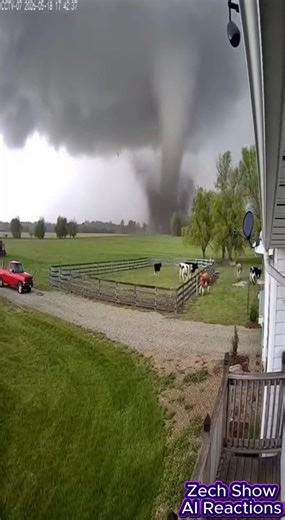 Camera footage from an Oklahoma farmhouse captures a powerful tornado moving across open land, creating chaos as it approaches nearby fields. As the storm intensifies, cows can be seen scattering in different directions, clearly spooked by the sudden wind and noise. The raw footage shows just how fast conditions can change during severe weather in tornado country, turning a calm rural scene into a moment of pure urgency. It’s a reminder of how unpredictable nature can be and how quickly animals 