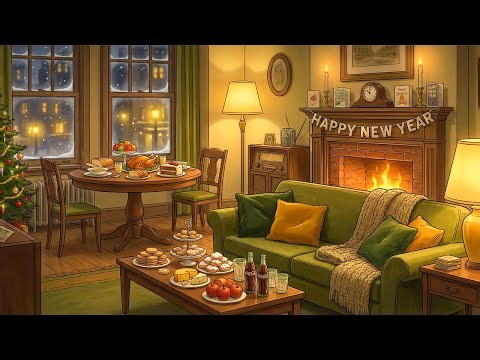 a cozy snowy night in early New Year New York City with 1950s vintage oldies playing in another room