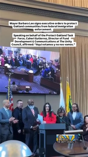 Aquí estamos y no nos vamos. ✊🫀🫂 As @mayorbarbaralee signed executive orders to protect Oakland residents from federal immigration enforcement, Caheri Gutierrez, Director of Fund Development & Communications at The Unity Council, spoke on behalf of the Protect Oakland Task Force, lifting up the voices of immigrant communities who strengthen Oakland socially, culturally, and economically. Immigrants are workers, caregivers, business owners, students, and community leaders. We are taxpayers. We 
