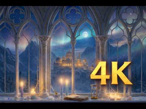 4K Medieval Castle Winter Window. Snow & Magical Fantasy Music (Perfect for Projectors) Sleep, Study