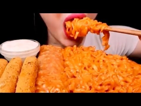 ASMR Cheesy Fire Noodles and Cheese Sticks Eating Show, 2x Speed, Big Bites ‪@honeylipasmr‬