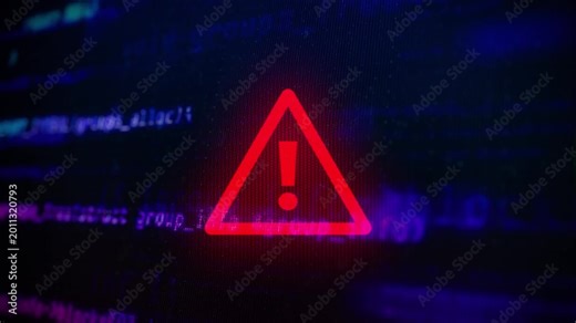 Red warning message on source code bg, alert sign, exclamation mark inside a triangle on black bg. Alert notice, problem, danger, fail on emergency, alert notice, computer hacking error