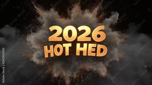 2026 HOT HED golden text animation, cinematic explosion with smoke and dust particles, bold 3D typography for movie trailers and events