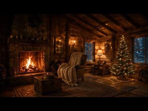 4 Hours of Christmas Fireplace Ambience — Snowy Cabin Window, Crackling Fire Sounds