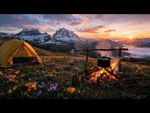 Spring Mountain Morning Ambience 🏔️ Campfire & Coffee Among Wild Crocuses (Nature Sounds)