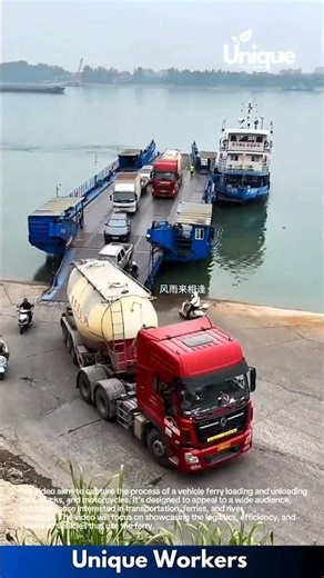 River Ferry Loading: Trucks, Cars, and Bikes Board a Vehicle Ferry Crossing the River
