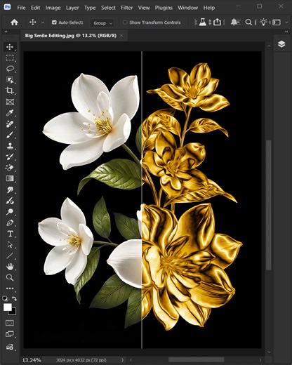 Adobe Photoshop tips for making flowers and objects look like gold! #bigsmileediting | Big Smile Editing