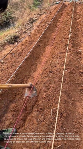 Farmer Prepares Planting Rows with Hoe and String Guides