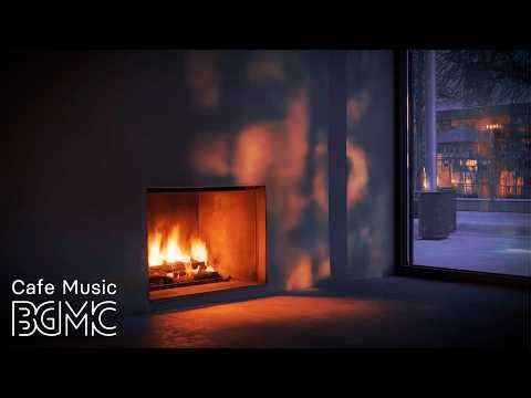 4K Cozy Winter Cafe Ambience ☕ Warm Fireplace Glow + Jazz Piano | Background Music for Focus