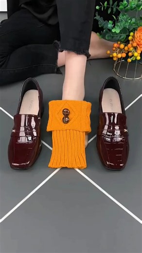 Elegant Brown Leather Loafers for Women | Knitted Sweater Cuff Shoes with Button Detail #shortsfeed