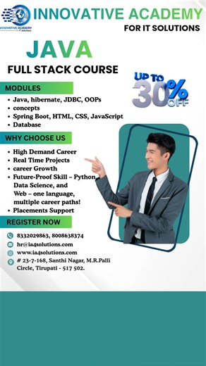 𝐈𝐧𝐧𝐨𝐯𝐚𝐭𝐢𝐯𝐞 𝐀𝐜𝐚𝐝𝐞𝐦𝐲 𝐅𝐨𝐫 𝐈𝐓 𝐒𝐨𝐥𝐮𝐭𝐢𝐨𝐧𝐬 on Instagram: "💻 JAVA FULL STACK COURSE – Innovative Academy for IT Solutions 🚀 Build a high-demand career in Java Full Stack Development 📚 Industry-oriented curriculum with real-time projects 🔹 Course Modules: • Core Java, OOPs, Hibernate, JDBC • Spring Boot, HTML, CSS, JavaScript • Database Concepts 🔹 Why Choose Us: • High-demand career opportunities • Real-time project experience • Strong career growth path • Future-ready