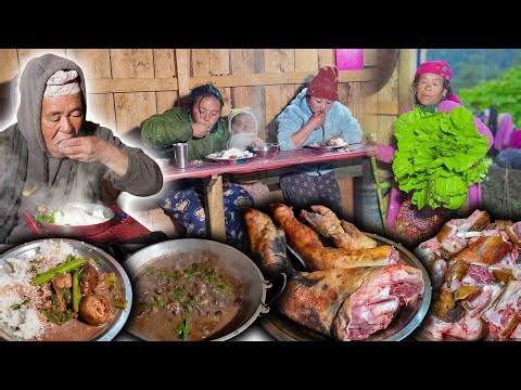 Pork Leg and Mustard (RAYO) mix Soup Recipe with Rice | Village style Cooking & Eating | Food vlog