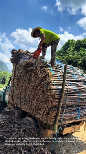Cutting Wood: Man Using a Chainsaw to Cut Wood Stacks on a Truck Bed