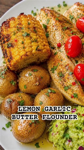 Lemon Garlic Butter Flounder with Roasted Herb Garlic Potatoes, Mexican Corn & Guacamole