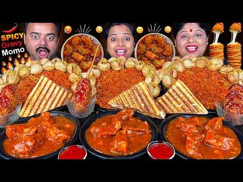 SPICY MOMO, CORN DOG, PANI PURI, SPICY SCHEZWAN NOODLES, LOLLIPOP CHICKEN VIRAL EATING SHOW MUKBANG