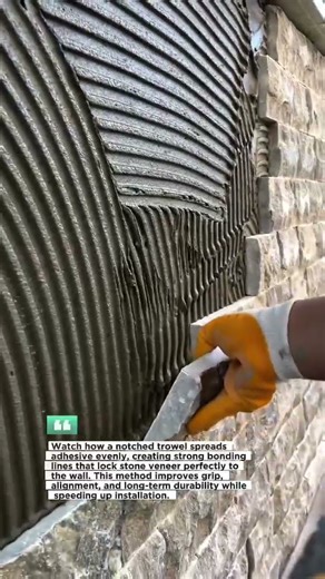 Perfect Stone Veneer Install with Notched Trowel #StoneWork #Masonry #Construction