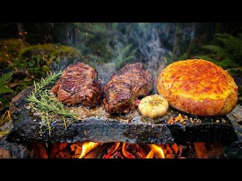 Garlic BUTTER STEAKS & Cheesy BREAD on Hot Stone | Deep Forest ASMR