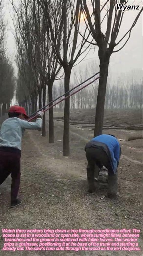 Tree Felling Teamwork: Sawing and Pushing Down a Tree Step-by-Step