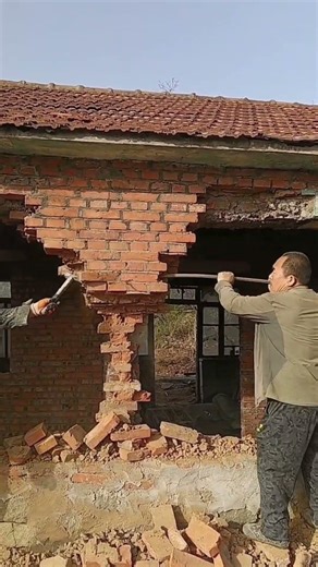 Workers Demolish Old Rural Brick House With Reckless Bottom-Up Method