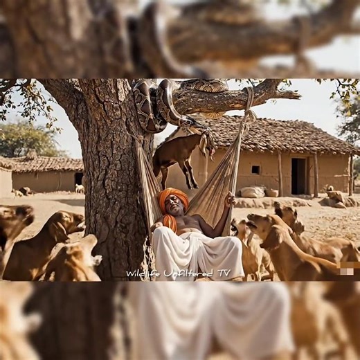 Sleeping Man Unaware as Giant Python Grabs a Goat 😱#PythonAttack #WildlifeShock #SnakeVideo #shorts