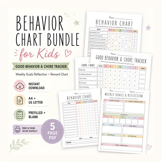 Behavior Chart Bundle for Kids, Good Behavior & Chore Tracker, Weekly Goals Reflection, Reward Chart, 5 Page PDF - Etsy
