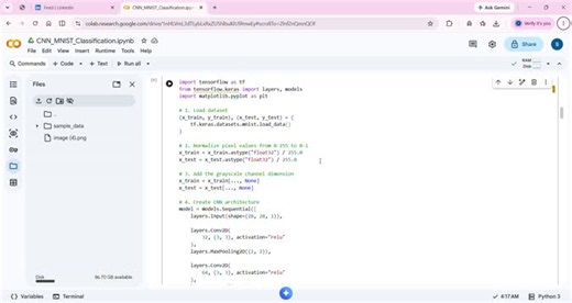 Exploring Deep Learning: Handwritten Digit Recognition using CNN I'm excited to share my hands-on learning experience with a Convolutional Neural Network (CNN) using Python and TensorFlow/Keras! In… | sindhuja j