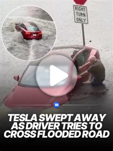A Tesla was swept away after its driver attempted to cross a heavily flooded street in New Haven, Connecticut, during torrential rain. Footage shows the red car entering deep floodwaters before quickly being carried away, while a man later attempts to pull it back toward safety. The area was under a flash flood warning at the time, with officials urging drivers to avoid entering flooded roads. 🎥 Jacqueline Pawlowski via Storyful #viral #floods #tesla #usa #weather