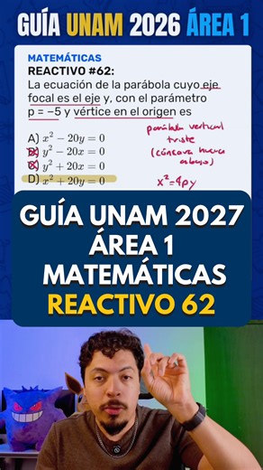 🤓 Reactivo #62 Matemáticas – Guía Examen UNAM 2026 | Área 1 Aquí el verdadero truco no es aprenderte mil fórmulas de memoria 😵‍💫. Lo importante es que identifiques qué te está diciendo el ejercicio. Si te mencionan que el eje focal es el eje Y, automáticamente ya sabes que la parábola es vertical. Y luego viene el otro detalle clave: si p es negativo, la parábola abre hacia abajo. Así de sencillo 🔥. Ya con eso prácticamente descartas opciones y solo sustituyes en la fórmula x² = 4py para lle