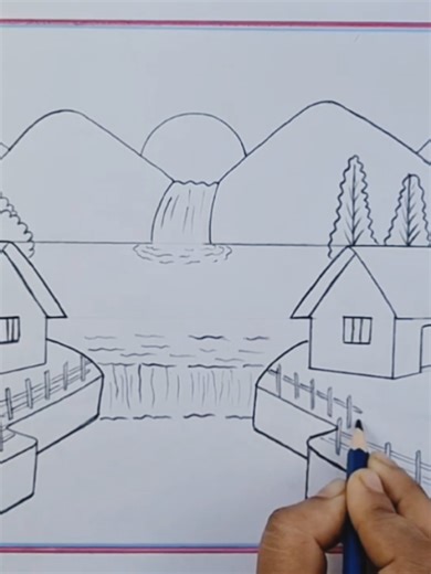How to Draw Easy Scenery Drawing Mountain Waterfall and Riverside Village Landscape Tutorial #drawing #pencildrawing #easydrawing #art #abcdrawing
