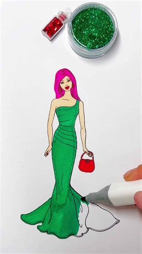 Emerald Glitter Dress Transformation ✨💚 #art #drawing #cosmetics #coloring